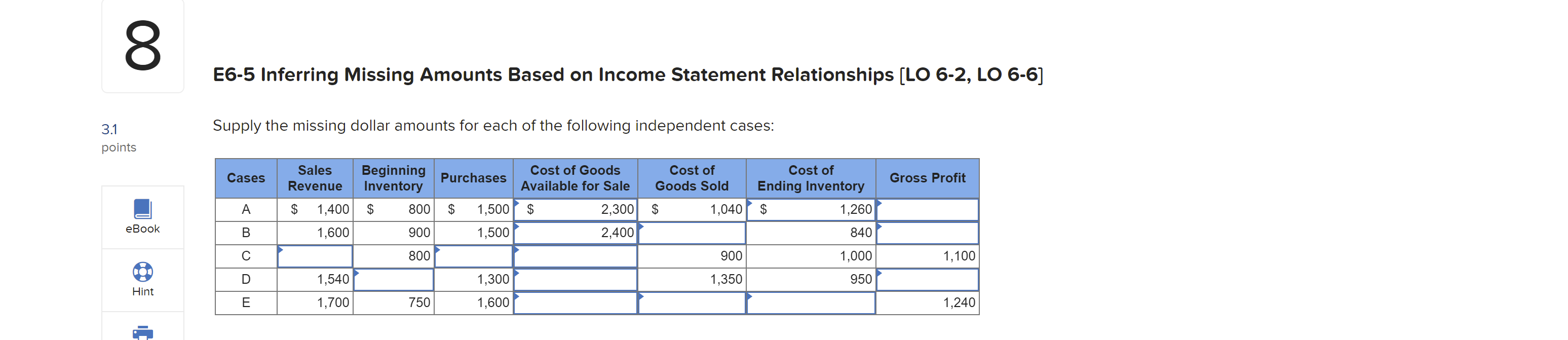  8 E6-5 Inferring Missing Amounts Based on Income Statement Relationships (LO