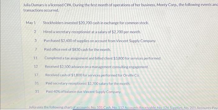  Julia Dumars is a licensed CPA. During the first month of