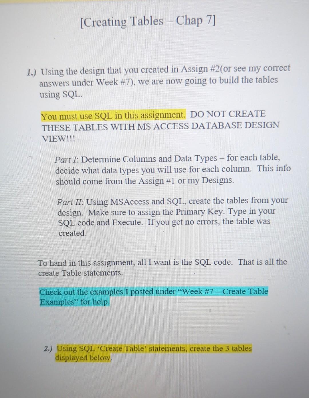 TABLE COMMANDS! ALL IS NEEDED IS THE SQL CODE! The instructions on