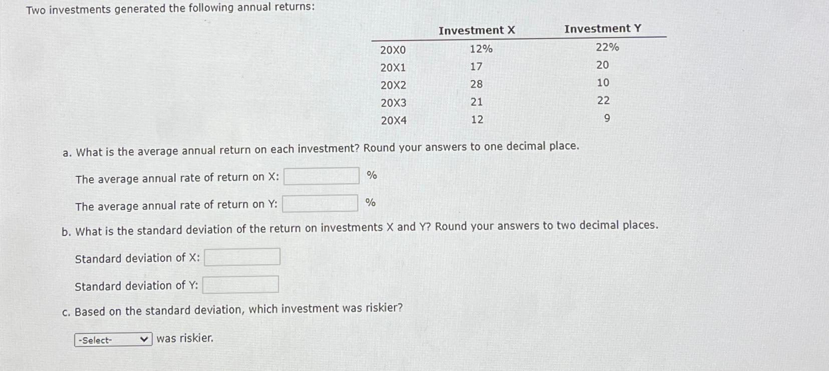  Two investments generated the following annual returns: \table[[,Investment x,Investment Y 