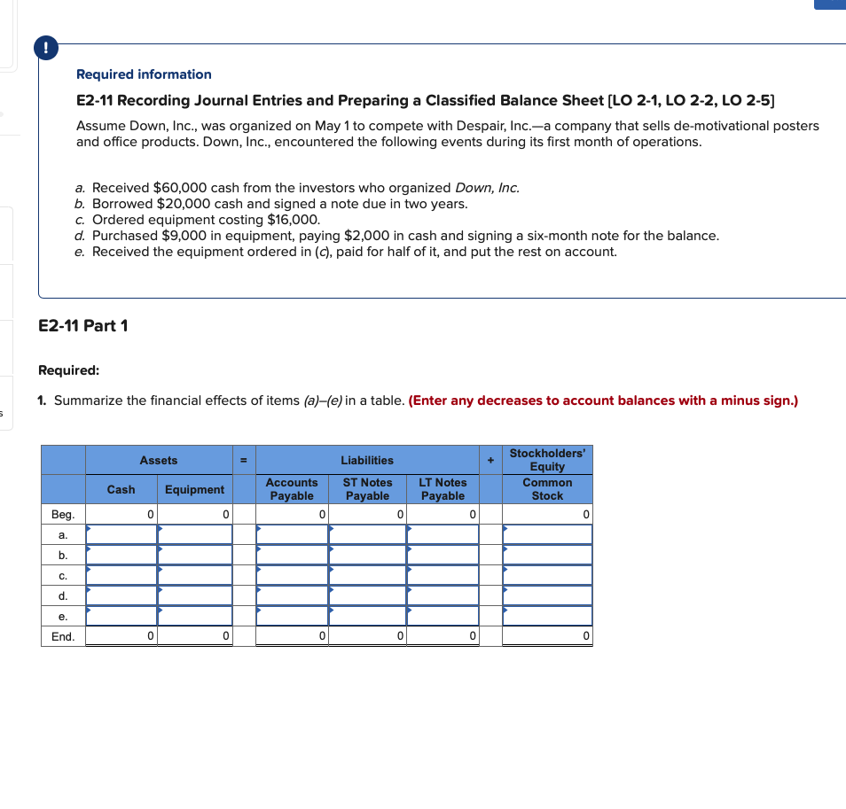 Type or paste question here ! Required information E2-11 Recording Journal Entries