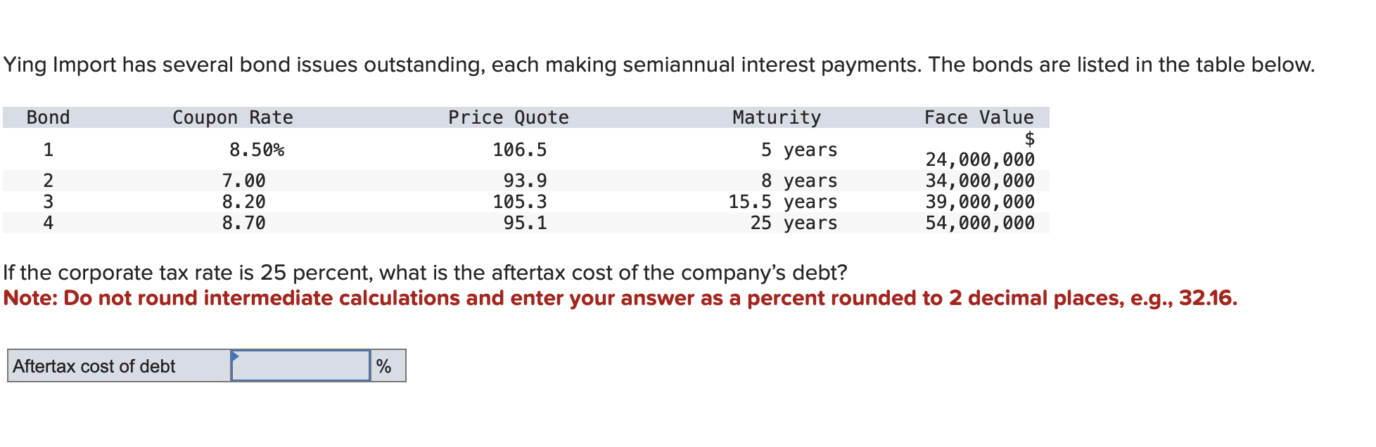 Ying Import has several bond issues outstanding, each making semiannual interest