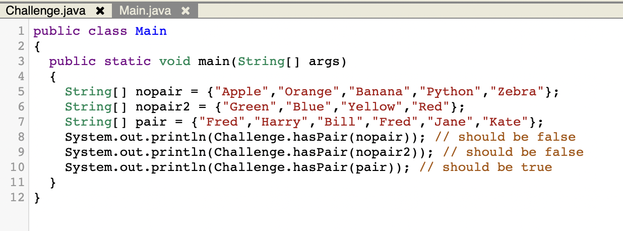 method called hasPair. This accepts a single array of strings as a