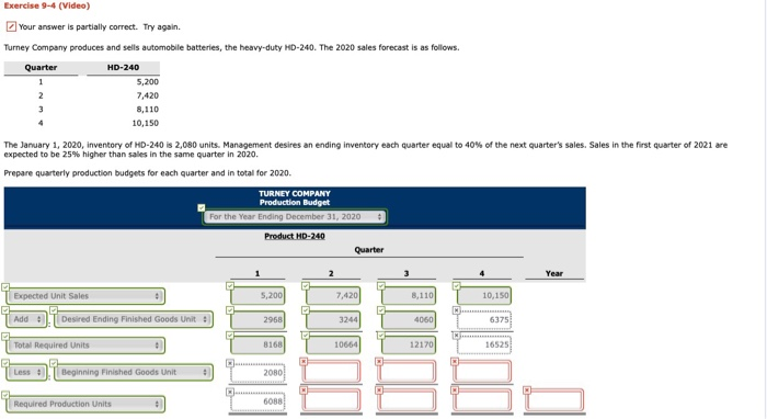 Exercise 9-4 (Video) Your answer is partially correct. Try again. Turney