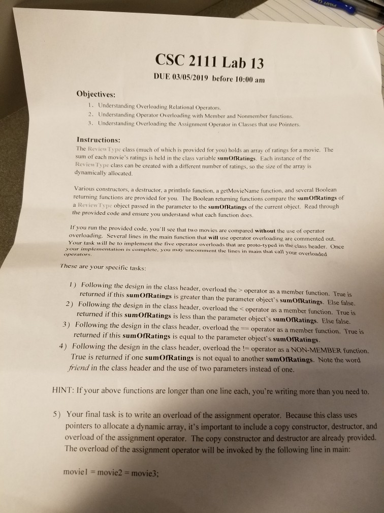 ReviewType(); // Default Constructor ReviewType(string, int); // Parameterized Constructor ReviewType(const ReviewType&); //