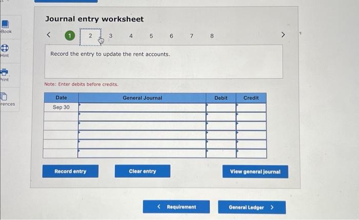 credits. Journal entry worksheet Record the entry to update the rent accounts.