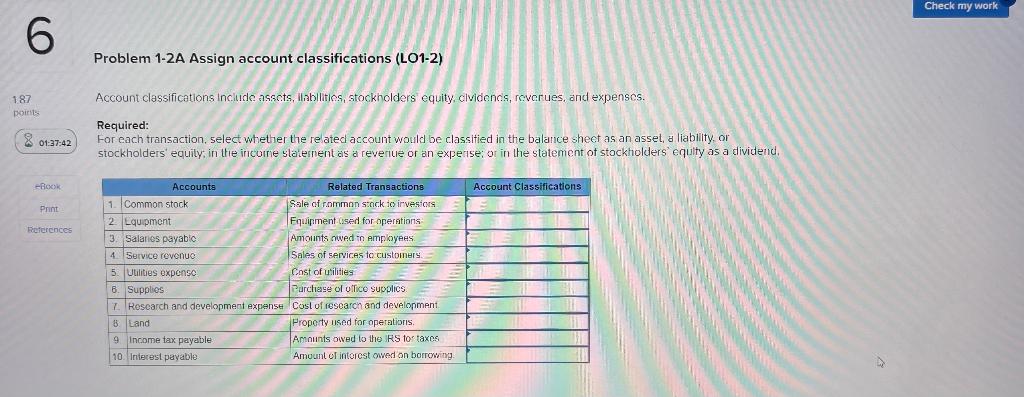 Check my work 6 Problem 1-2A Assign account classifications (LO1-2) Account