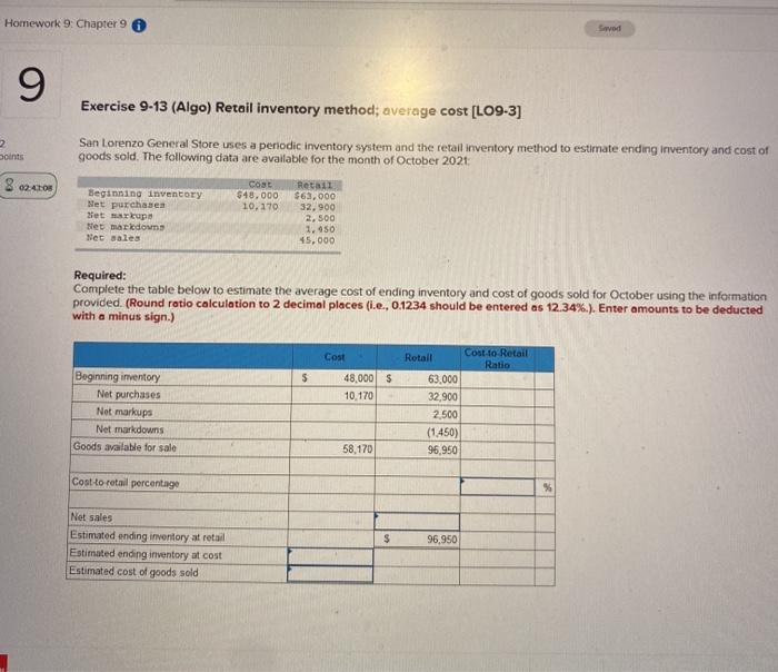  Homework 9: Chapter 9 Swed 9 Exercise 9-13 (Algo) Retail inventory