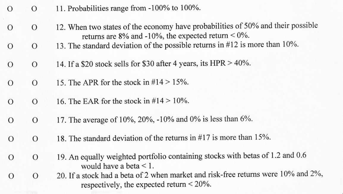 True/False, need 11-20 0 0 11. Probabilities range from -100% to 100%.