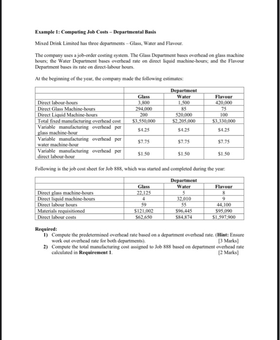  Example 1: Computing Job Costs - Departmental Basis Mixed Drink Limited