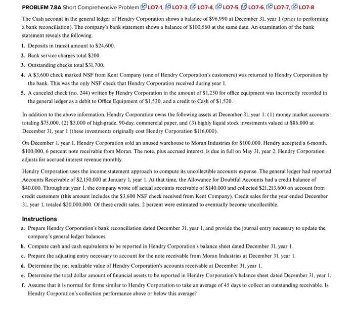 please help with question b PROBLEM 7.8A Short Comprehensive Problem The Cash