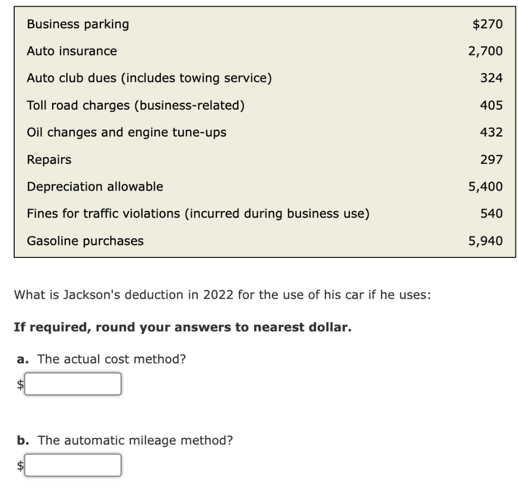 Problem 9-21 (Algorithmic) (LO. 2) Jackson, a self-employed taxpayer, uses his automobile
