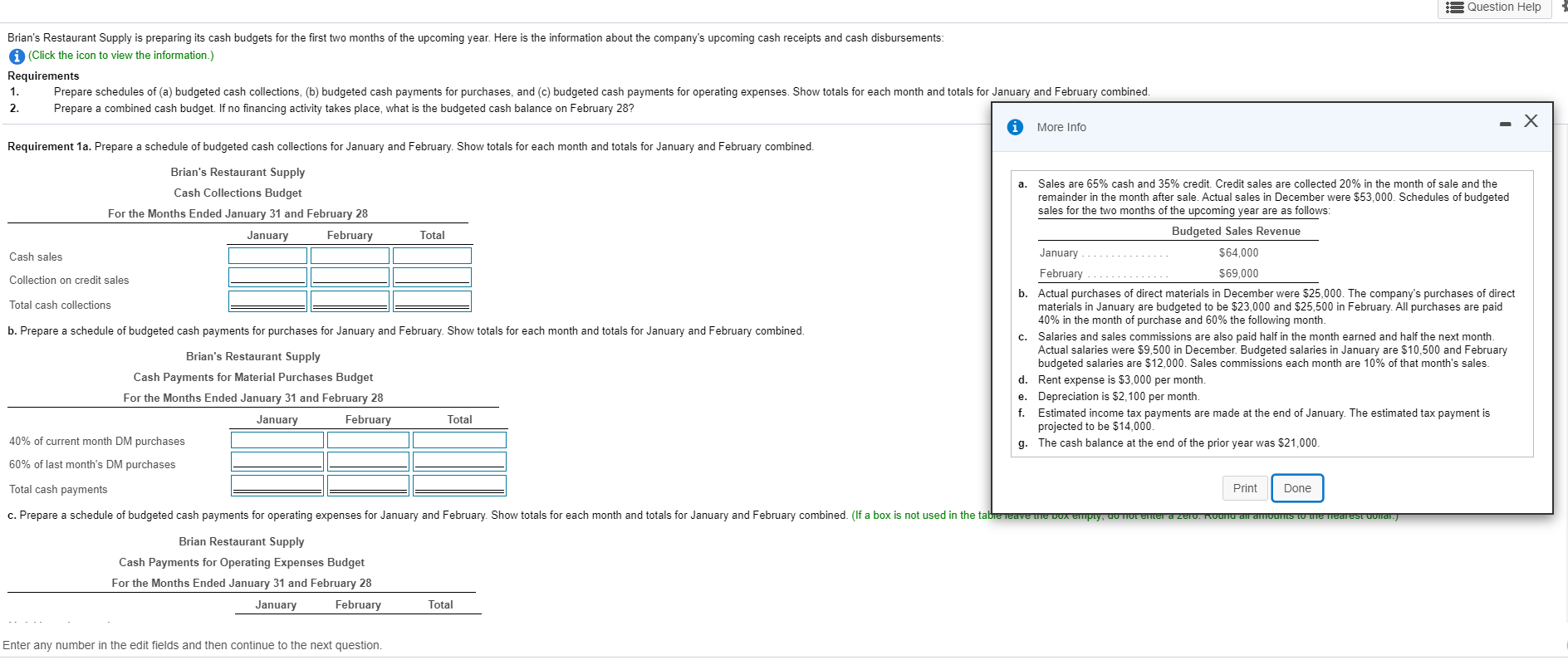  Question Help Brian's Restaurant Supply is preparing its cash budgets for