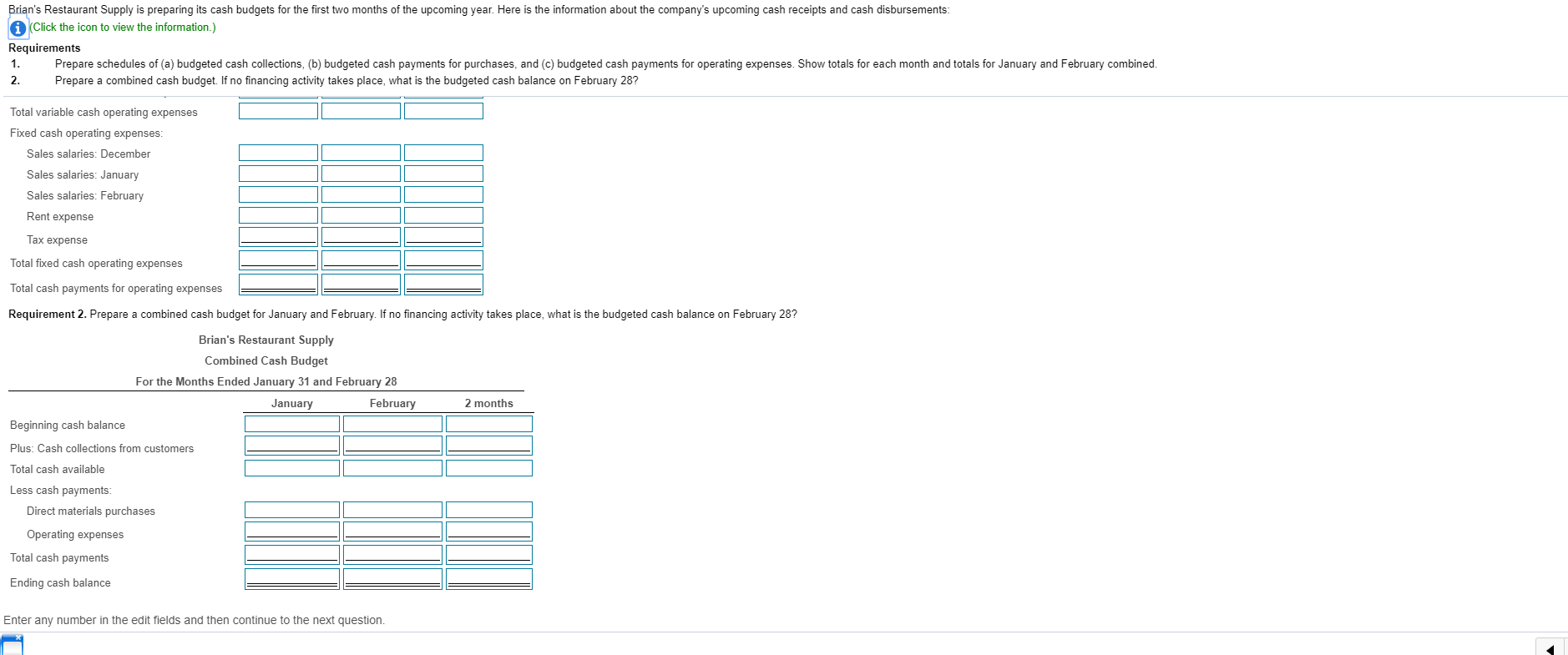 about the company's upcoming cash receipts and cash disbursements: (Click the icon