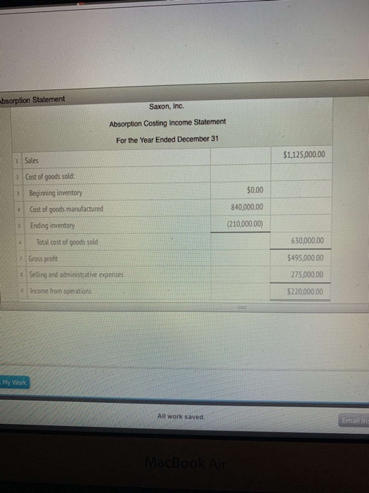  absorption Statement Saxon, Inc. Absorption Costing Income Statement For the Year