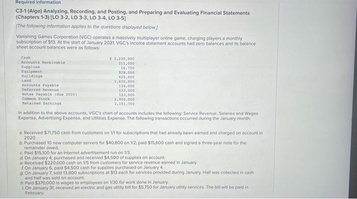  C3-1 (Algo) Analyzing, Recording, and Posting, and Preparing and Evaluating Financial