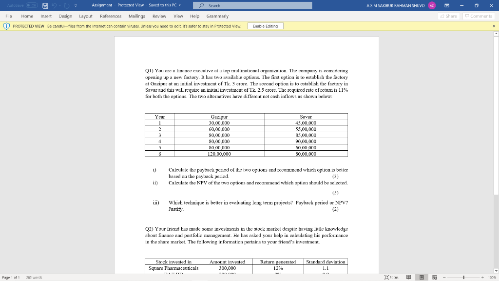  Answer the Q1 (II) Assignment Protected View Saved to this PC-