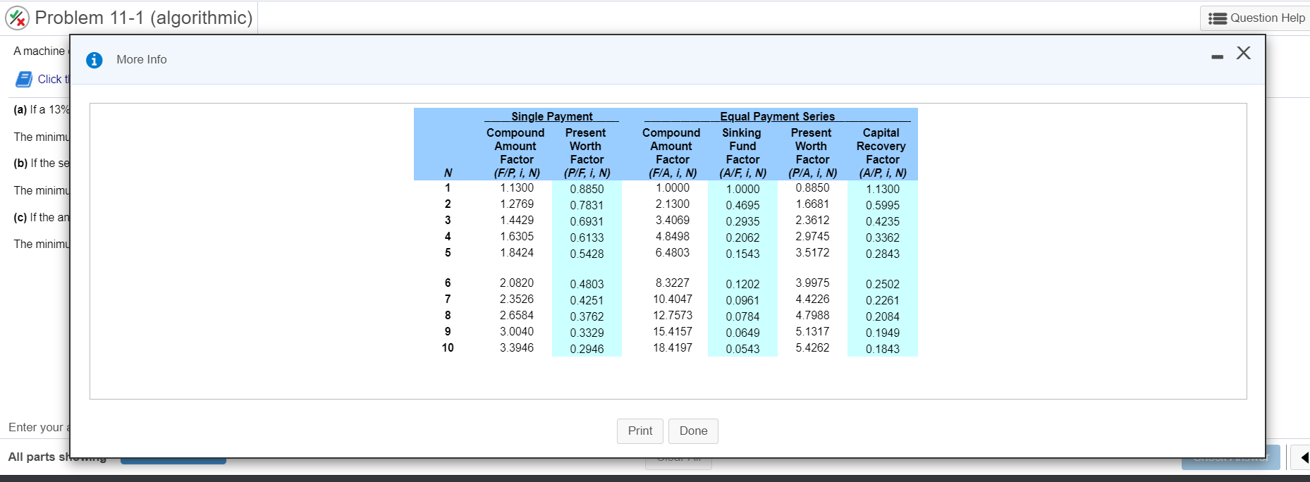 %) Problem 11-1 (algorithmic) Question Help A machine i More Info