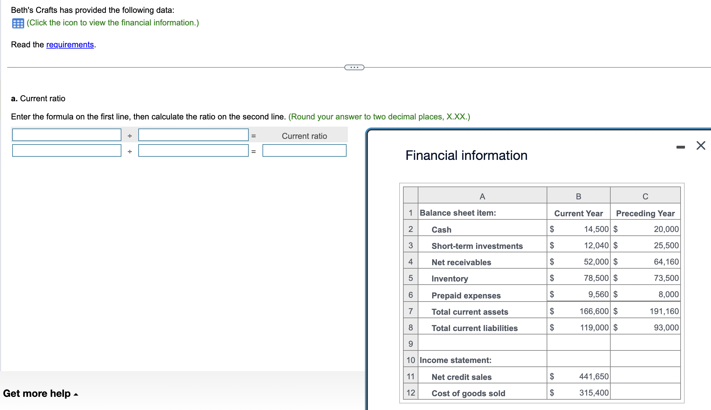 Beth's Crafts has provided the following data: (Click the icon to