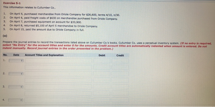  Exercise 5-1 This information relates to Cullumber Co.. 1. On April