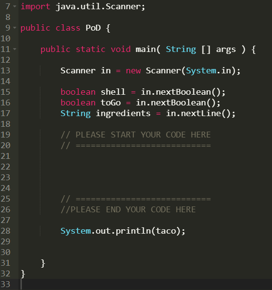 (togo: boolean) +setIngredients (ingredients: String) +toString(): String Once you've created a Taco
