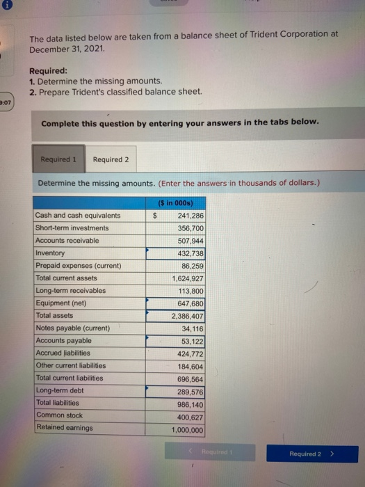 Required: 1. Determine the missing amounts. 2. Prepare Trident's classified balance sheet.