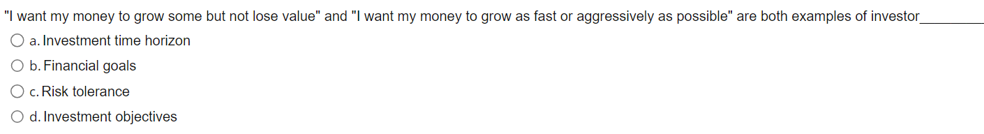 b. Your income, debt level, existing assets, time horizon and liquidity needs