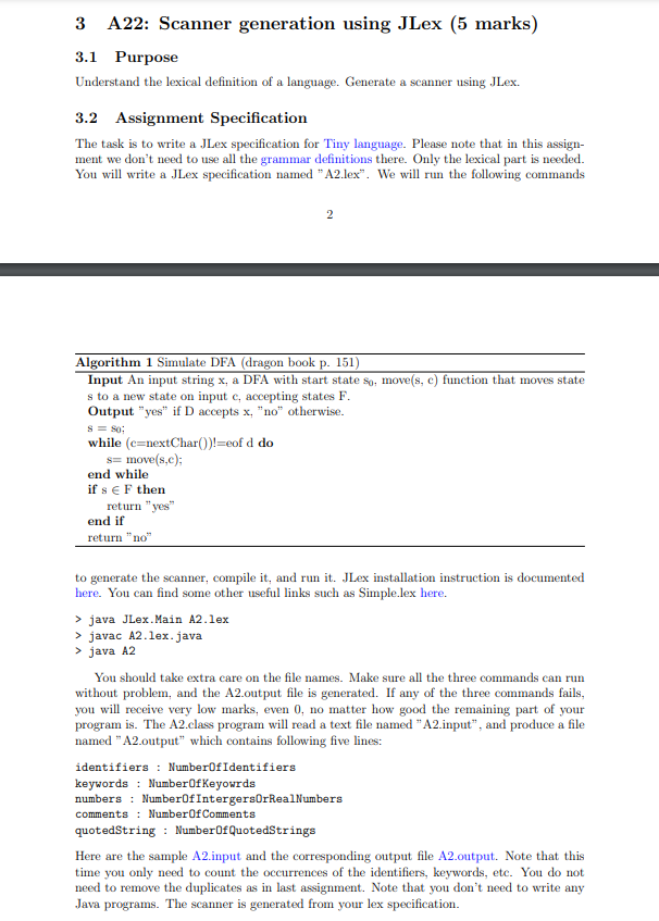  3 A22: Scanner generation using JLex (5 marks) 3.1 Purpose Understand