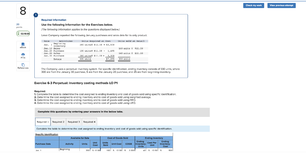Check my work View previous attempt Required information Use the followlng