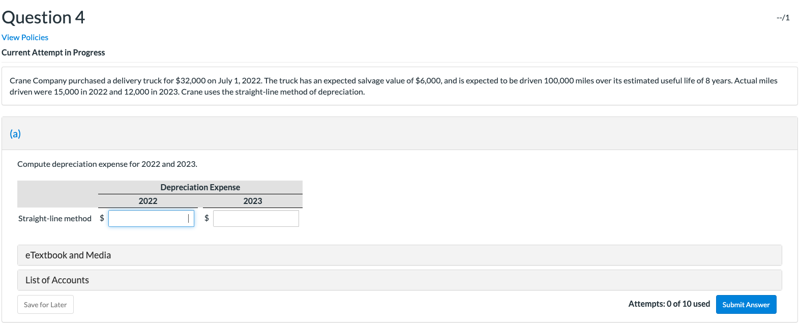  --/1 Question 4 View Policies Current Attempt in Progress Crane Company