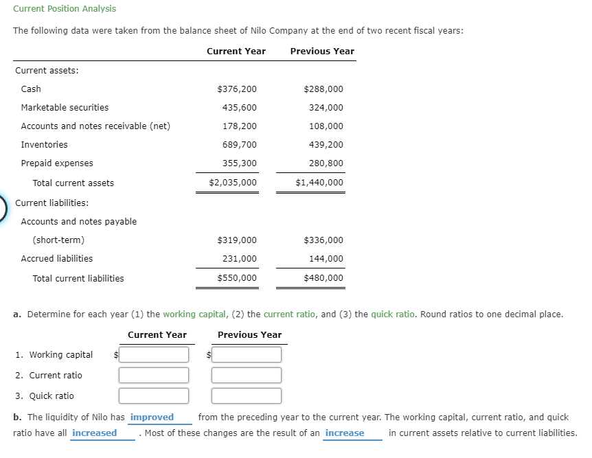  Current Position Analysis The following data were taken from the balance