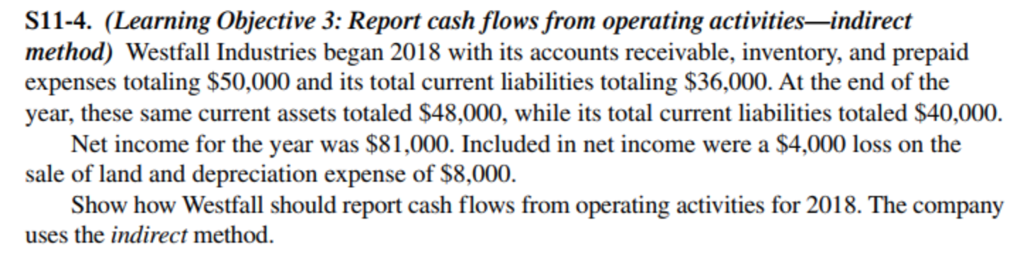  S11-4. (Learning Objective 3: Report cash flows from operating activities-indirect method)