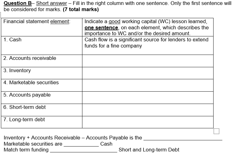 Question B-Short answer - Fill in the right column with one
