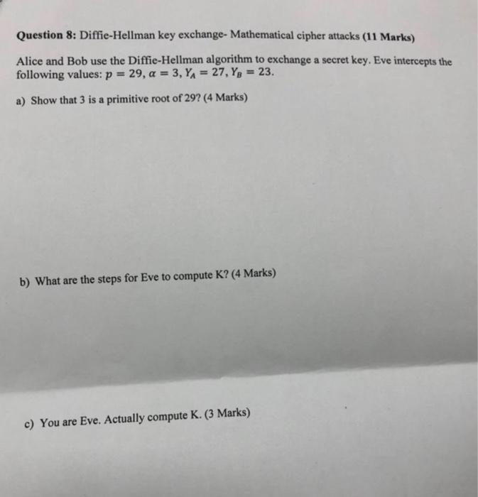  Question 8: Diffie-Hellman key exchange- Mathematical cipher attacks (11 Marks) Alice