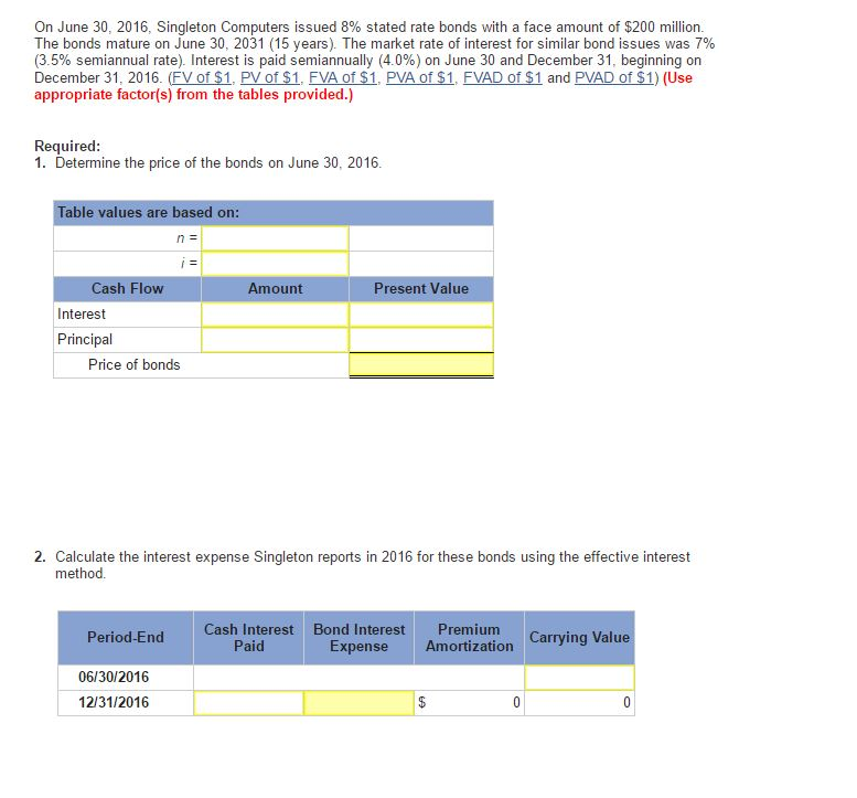  On June 30, 2016. Singleton Computers issued 8% stated rate bonds