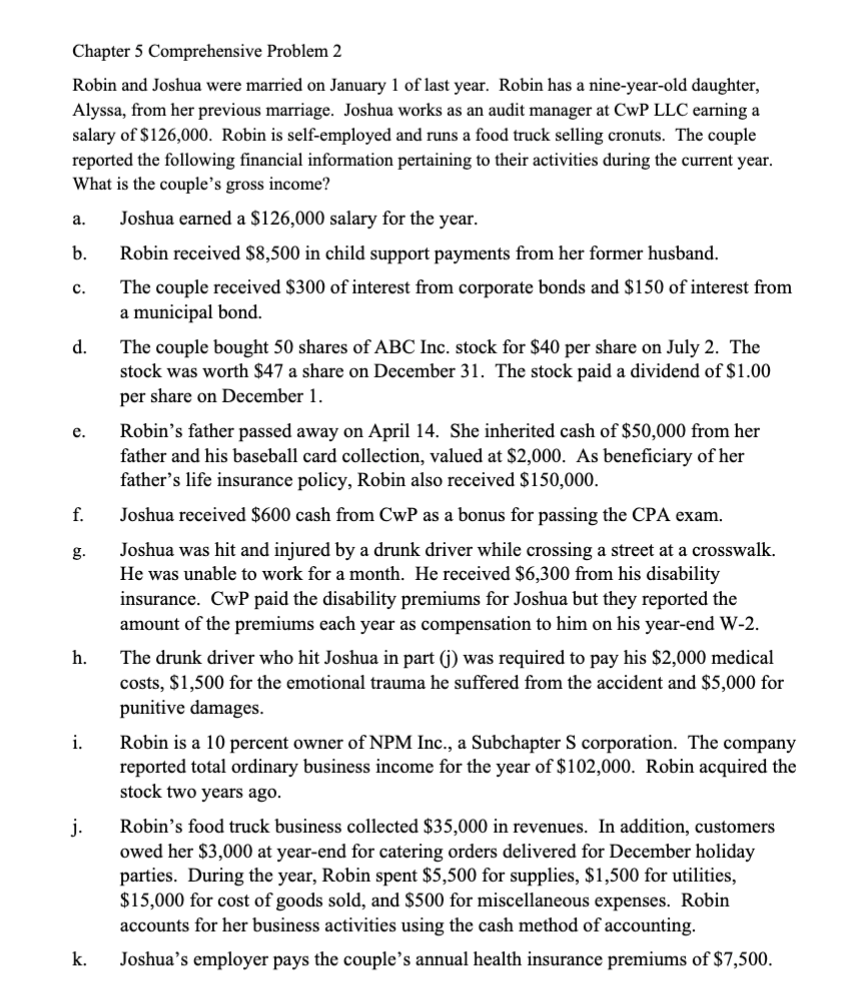 a. Chapter 5 Comprehensive Problem 2 Robin and Joshua were married