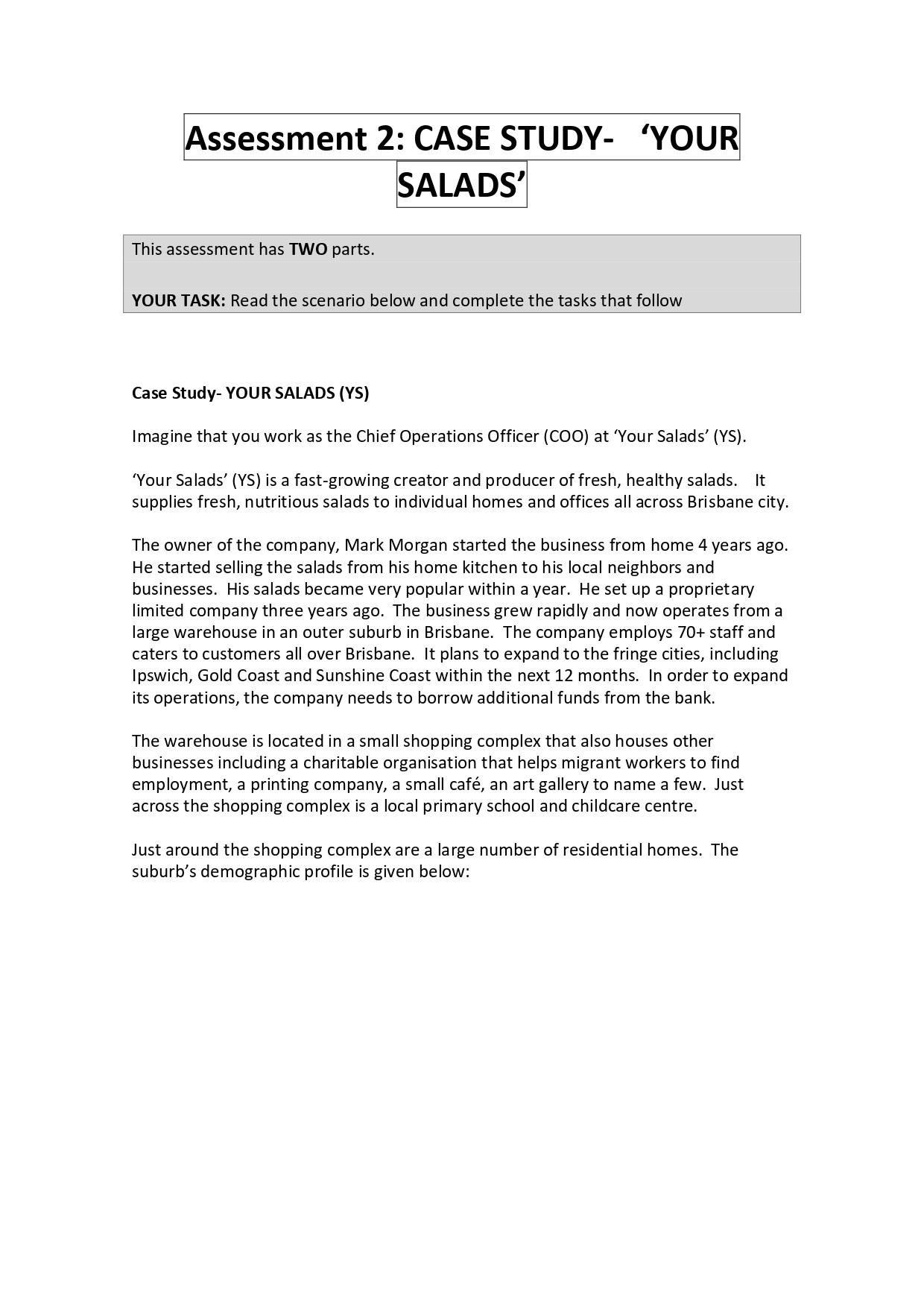  Assessment 2: CASE STUDY- 'YOUR ' This assessment has TWO parts.