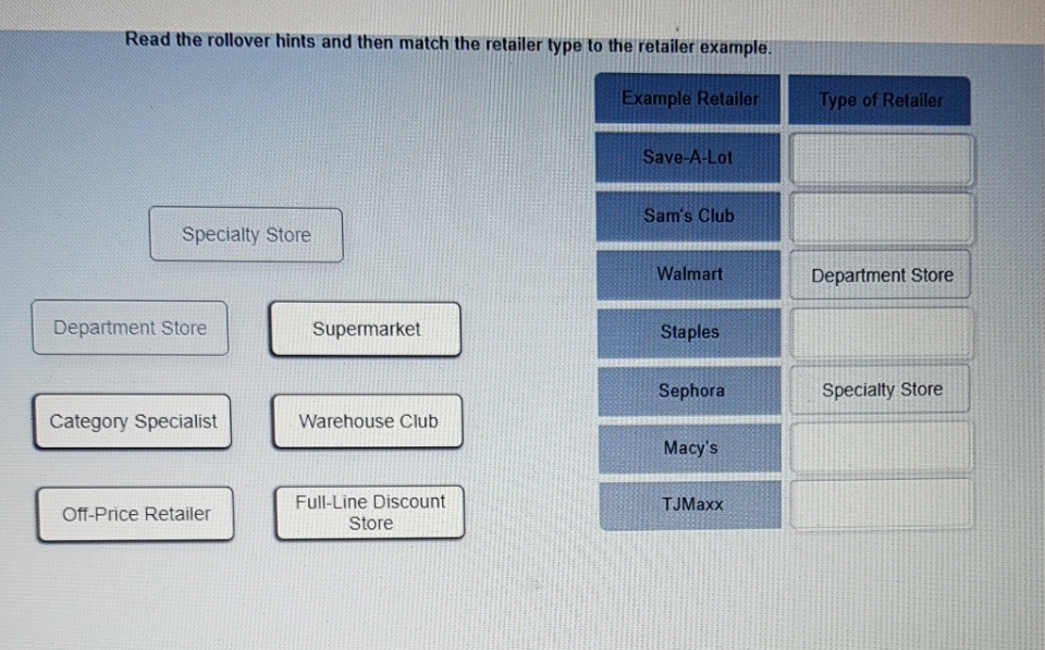 need help Read the rollover hints and then match the retailer type