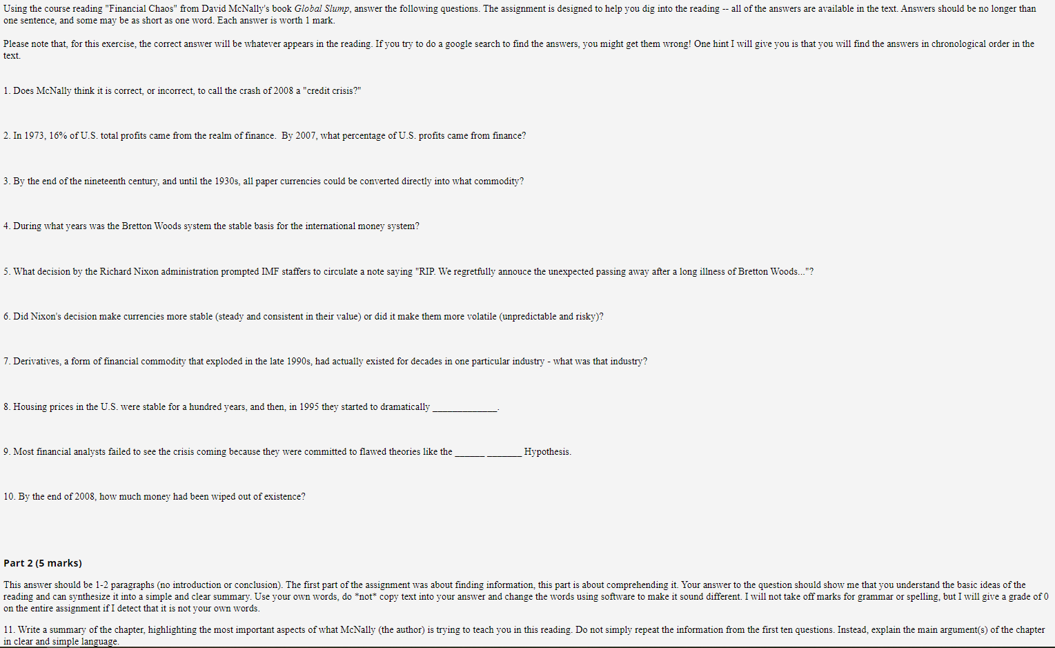 Answer all questions.The most important Part2 must be completed!Global Slump_CHAPTER FOUR: Financial