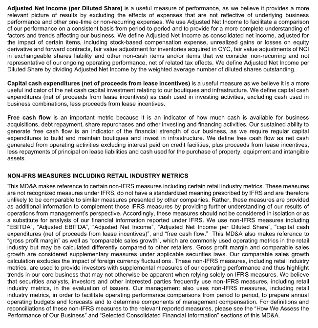 Aritzia Inc. (together with its consolidated subsidiaries, referred to herein as "Aritzia",