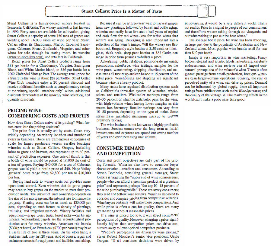 5. 'Estimate' Stuart Cellars' Profit based on the analyses thus far, assuming