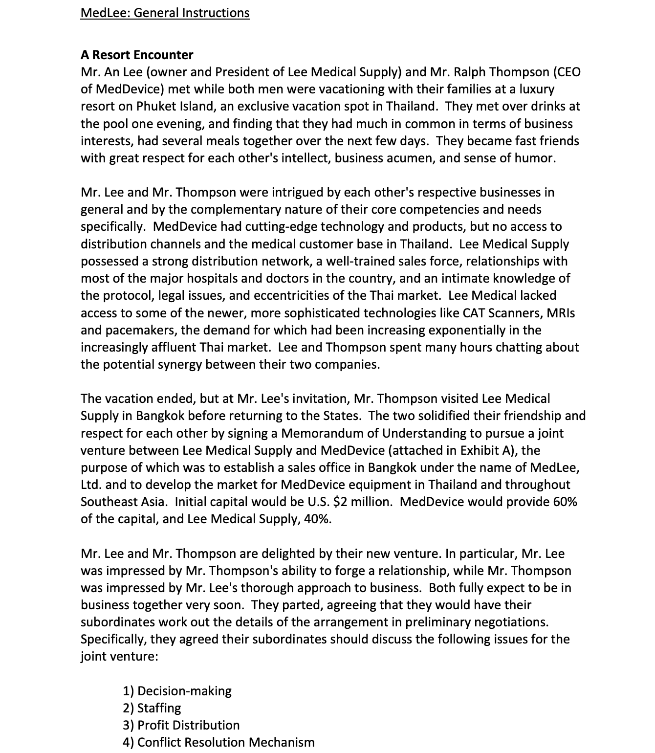 Worksheet. Thank you MedLee: In Pursuit of a Healthy Joint Venture General