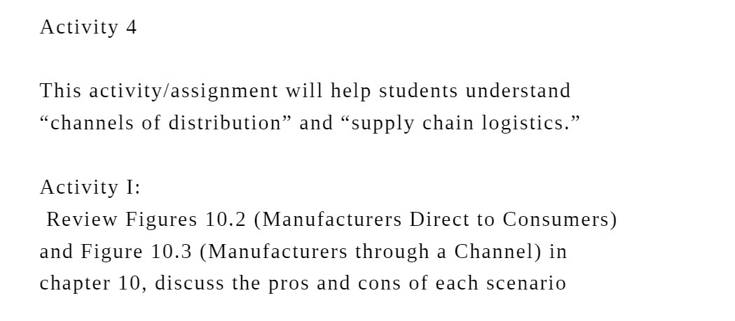  Activity 4 This activity/assignment will help students understand \"channels of distribution\"