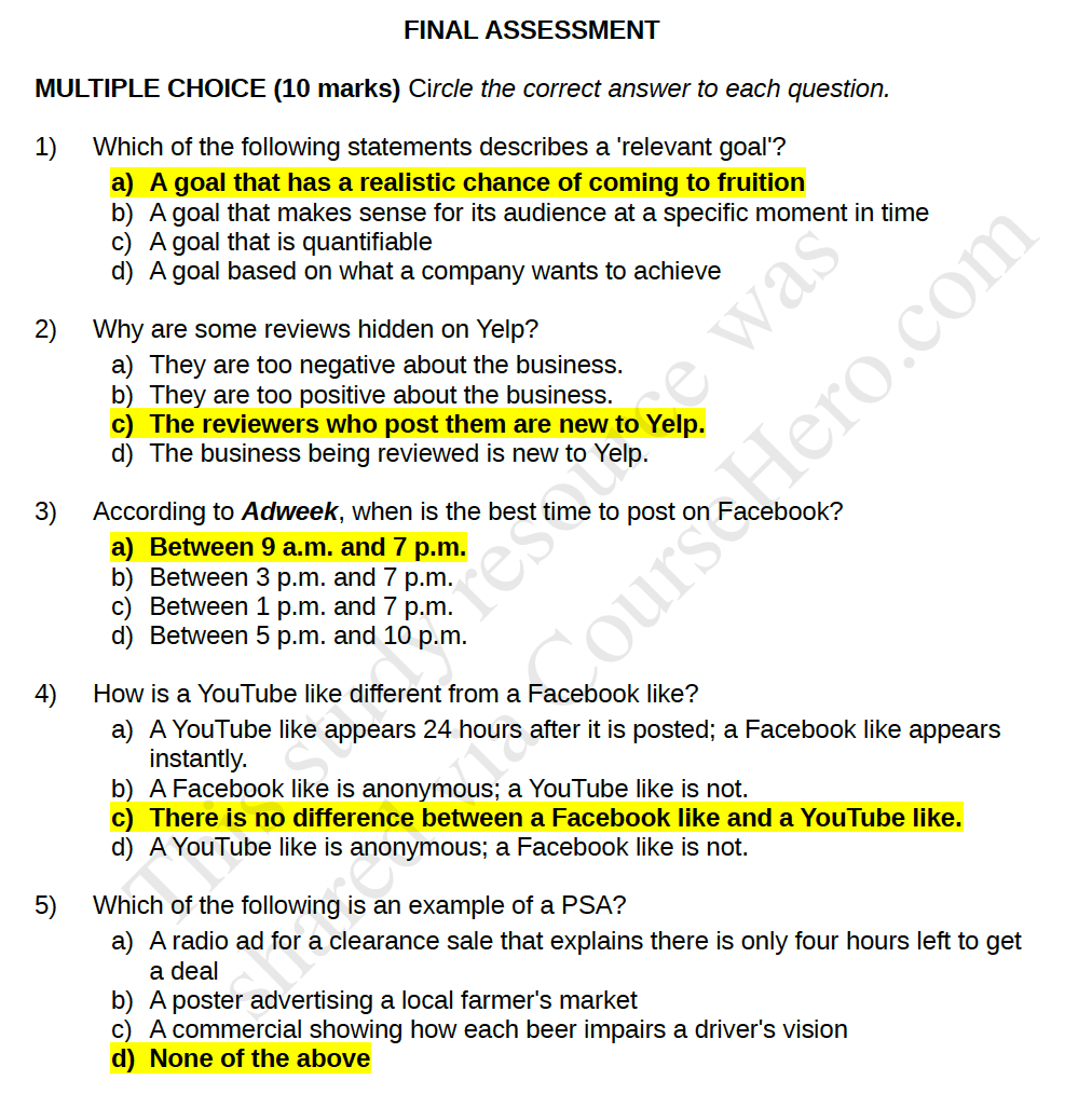  FINAL ASSESSMENT MULTIPLE CHOICE (10 marks) Circle the correct answer to