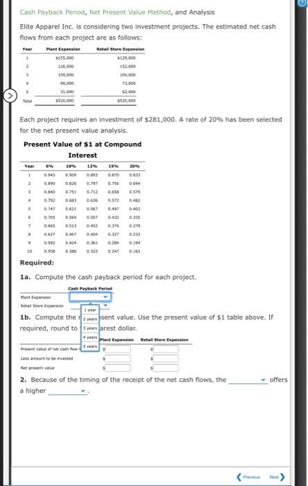  Cash Payback Period, Net Present Value Method, and Analysis Elite Apparel