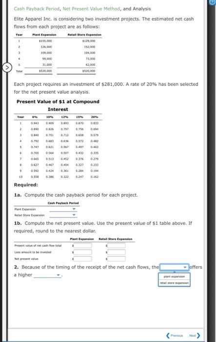each project are as follows: Plant Expansion Metall Store Expansion Year 1