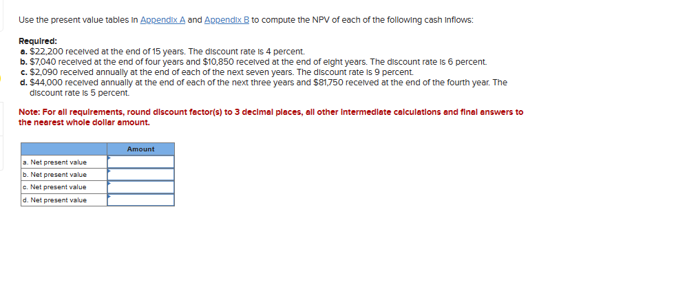  Use the present value tables in AppendIxA and AppendixB to compute