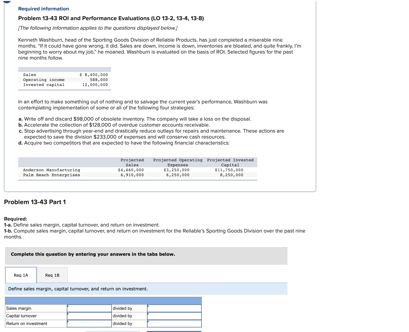  Required information Problem 13-43 ROI and Performance Evaluations (LO 13-2,13-4,13-8) [The