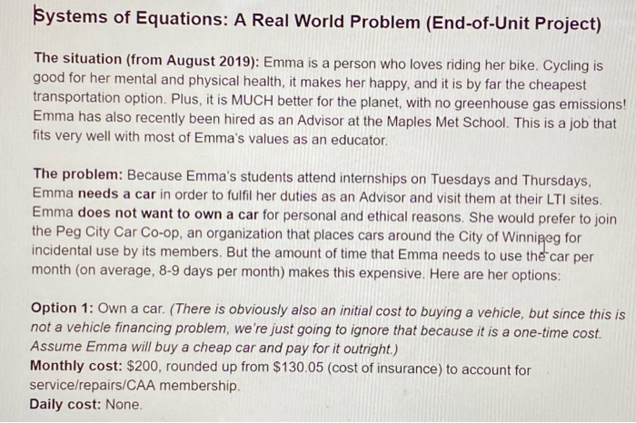  Systems of Equations: A Real World Problem (End-of-Unit Project) The situation