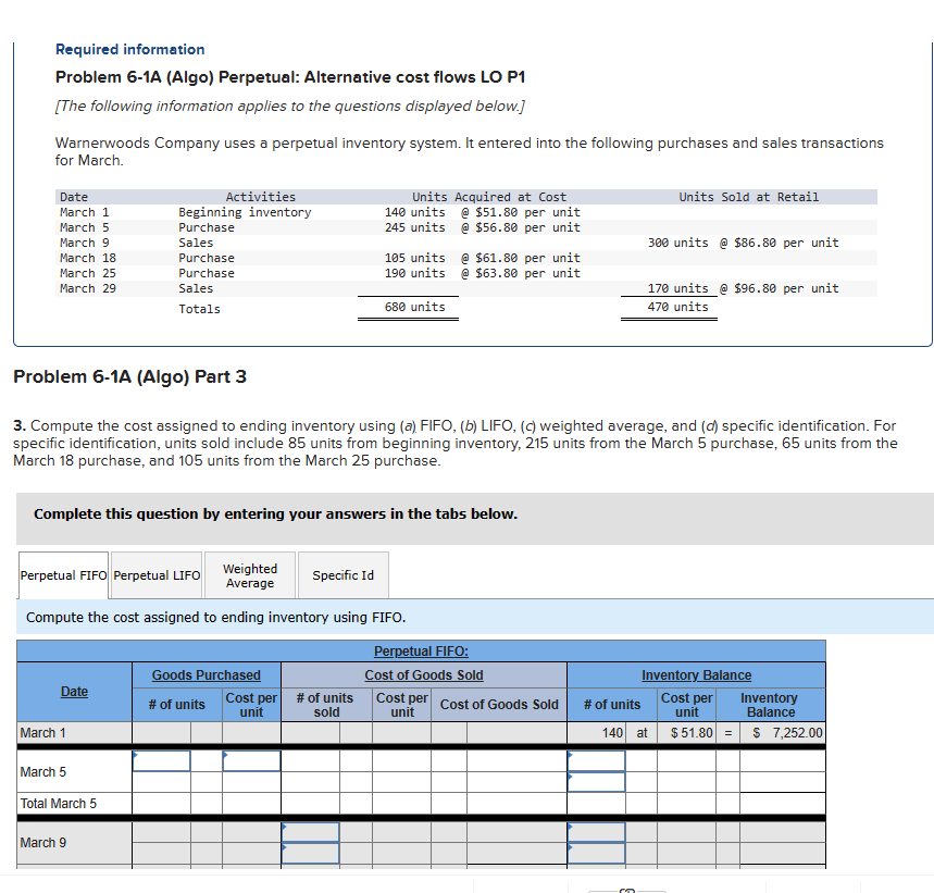 Please complete FIFO, LIFO , weighted average, and specific identification Required information